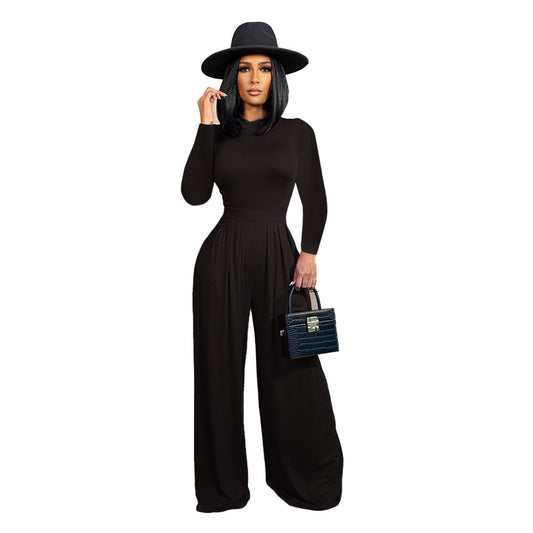 Fashion Solid Color Long-sleeved Wide-leg Jumpsuit