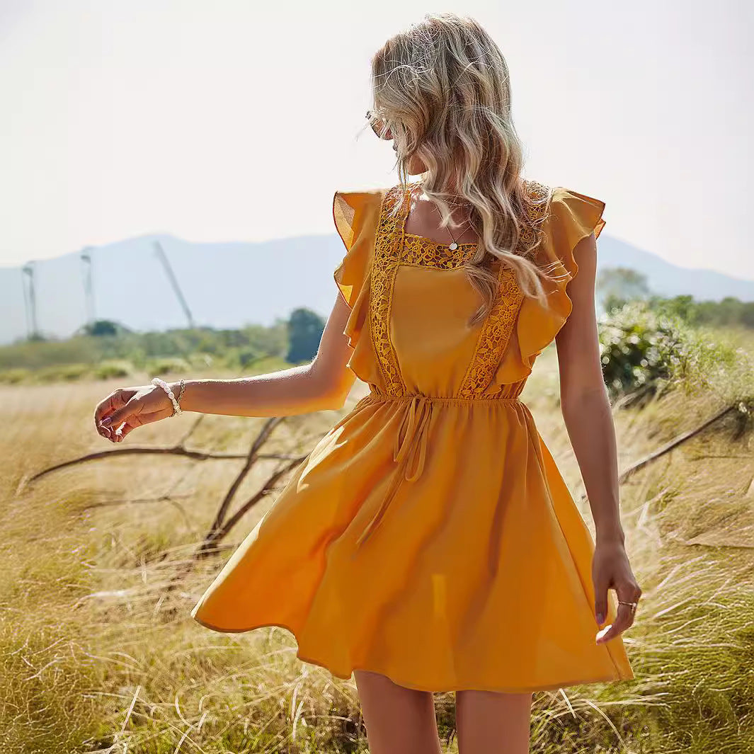 Women's Solid Color Stitching Lace High Waist Big Swing Dress