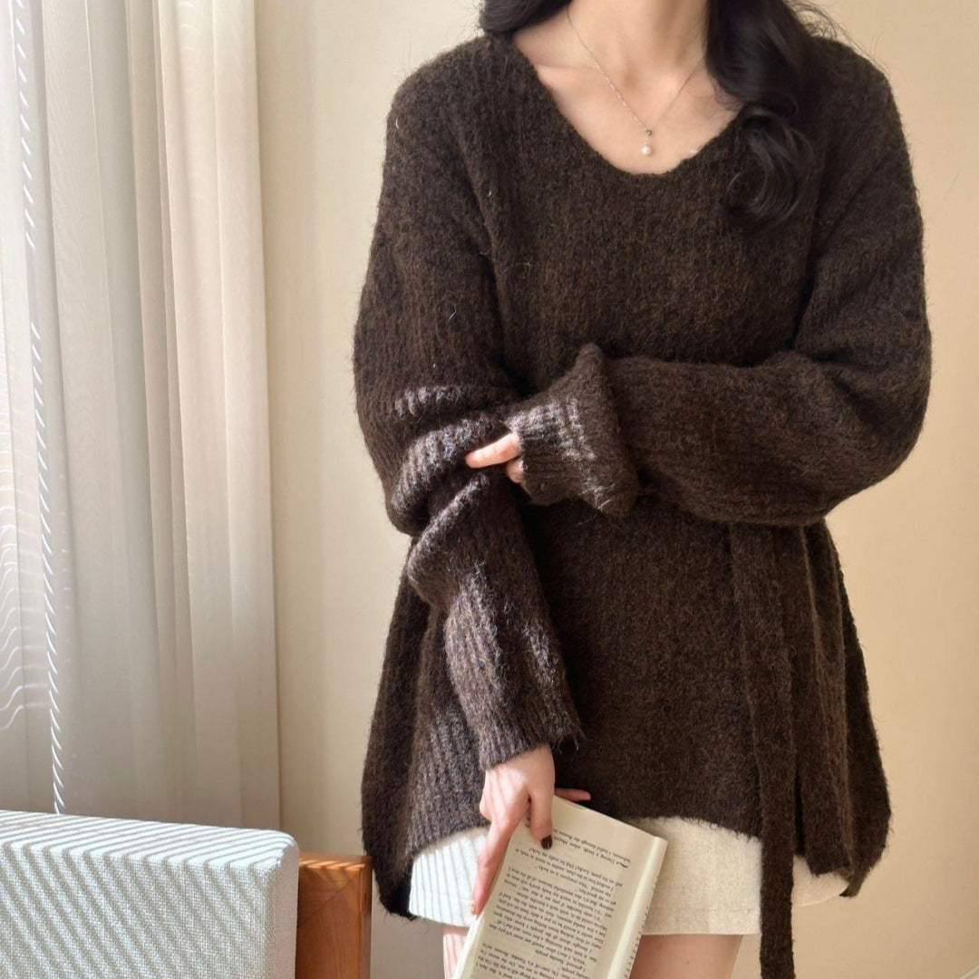 V-neck Halter Ribbon Loose And Lazy Style Mid-length Sweater