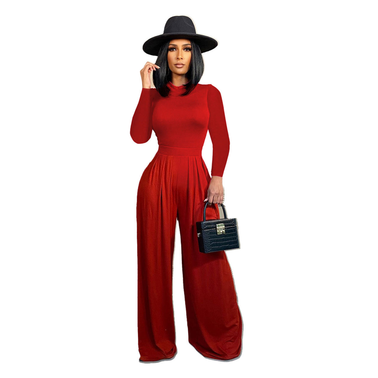 Fashion Solid Color Long-sleeved Wide-leg Jumpsuit