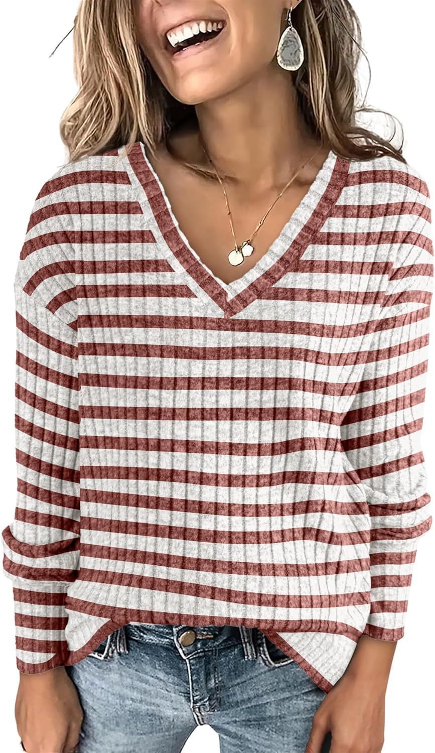 Cotton Striped Color Collision Design V-neck Pullover Long Sleeve Top Sweater