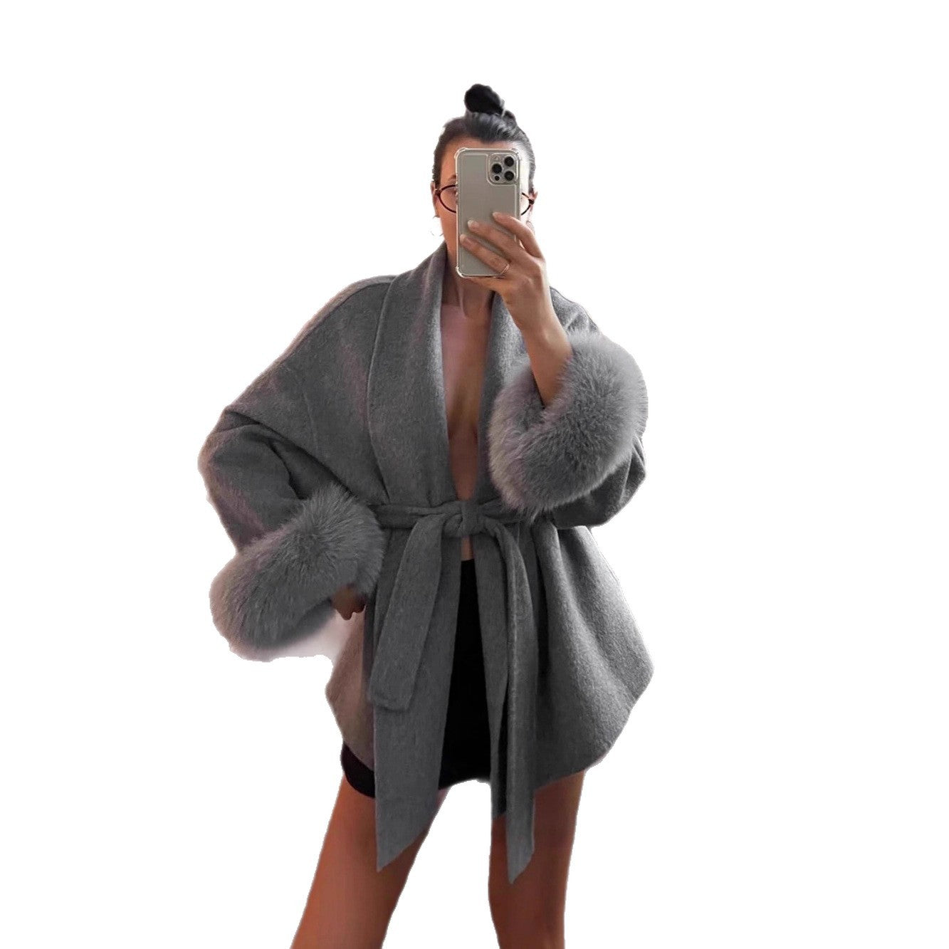 Fur V-neck Lace-up French Woolen Coat