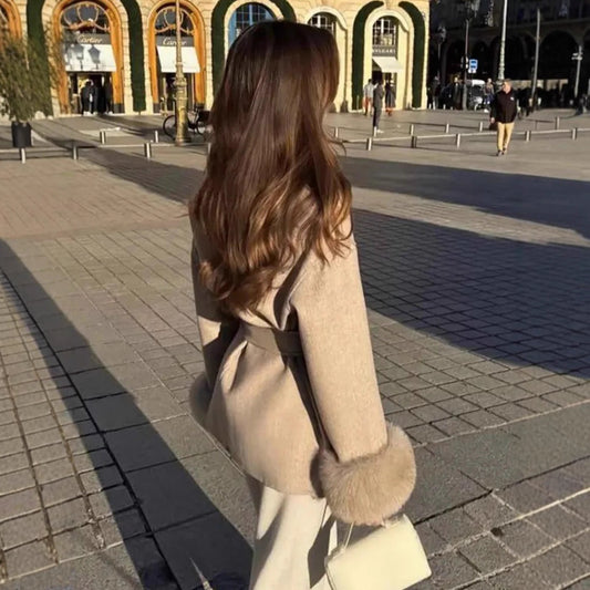 Fur V-neck Lace-up French Woolen Coat