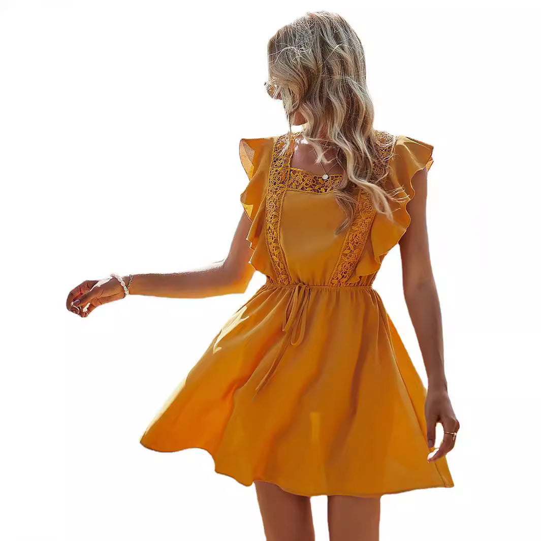 Women's Solid Color Stitching Lace High Waist Big Swing Dress