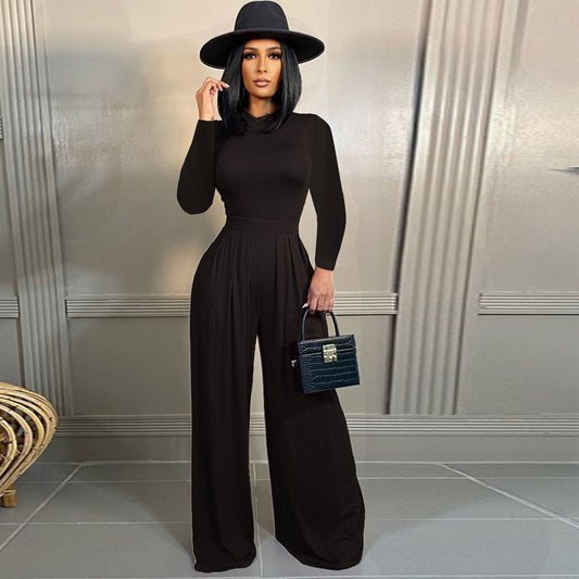 Fashion Solid Color Long-sleeved Wide-leg Jumpsuit